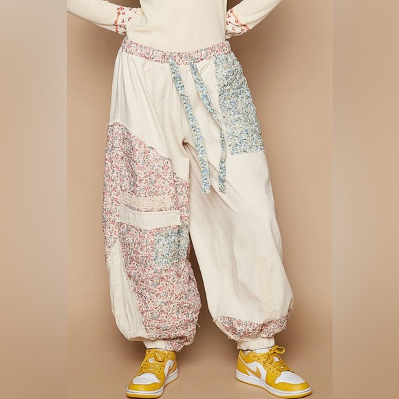 253B. Floral Print Patchwork Twill Jogger Pants - Oatmeal - Picture 3 of 7